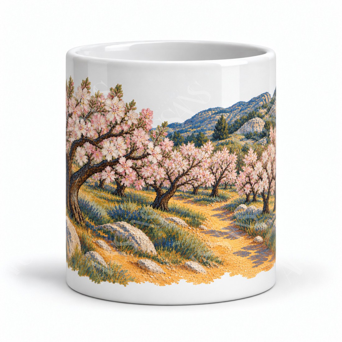 Mug Provence - Amandiers en fleurs, façon tableau, vue de face