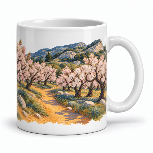 Mug Provence - Amandiers en fleurs, façon tableau, anse à droite