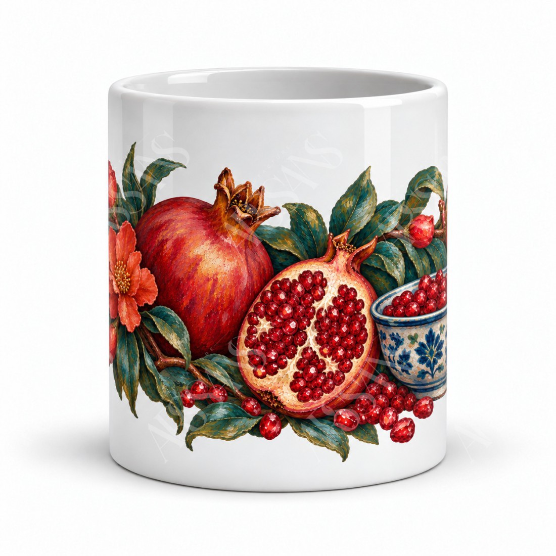 Mug gourmand - Grenades et fleurs rouges, vue de face