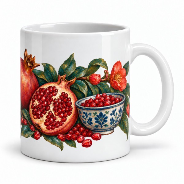 Mug gourmand - Grenades et fleurs rouges, anse à droite