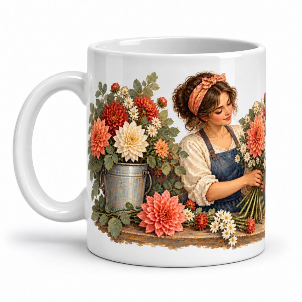 Mug métiers d’autrefois - La Fleuriste, façon tableau, anse à gauche