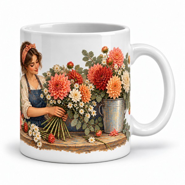 Mug métiers d’autrefois - La Fleuriste, façon tableau, anse à droite