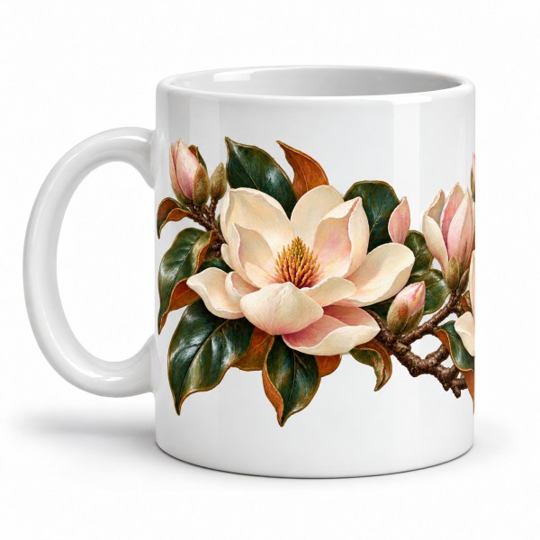 Mug fleurs - Magnolias de porcelaine, anse à gauche