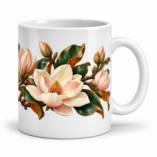 Mug fleurs - Magnolias de porcelaine, anse à droite