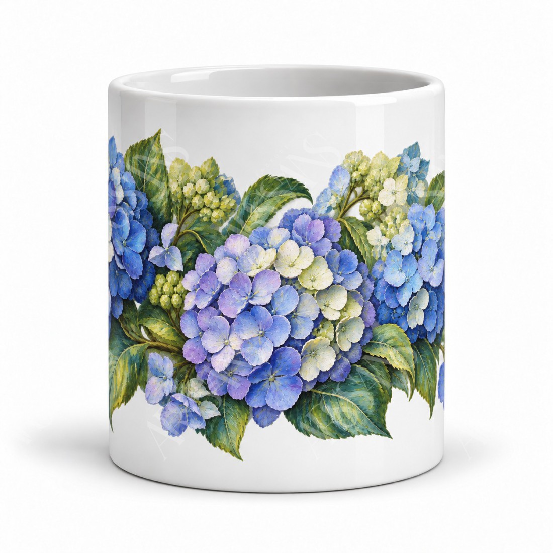 Mug fleurs - Hortensias bleus, façon tableau, vue de face