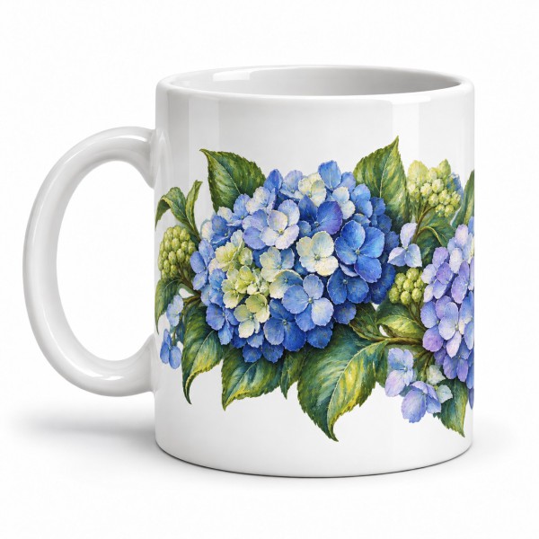 Mug fleurs - Hortensias bleus, façon tableau, anse à gauche