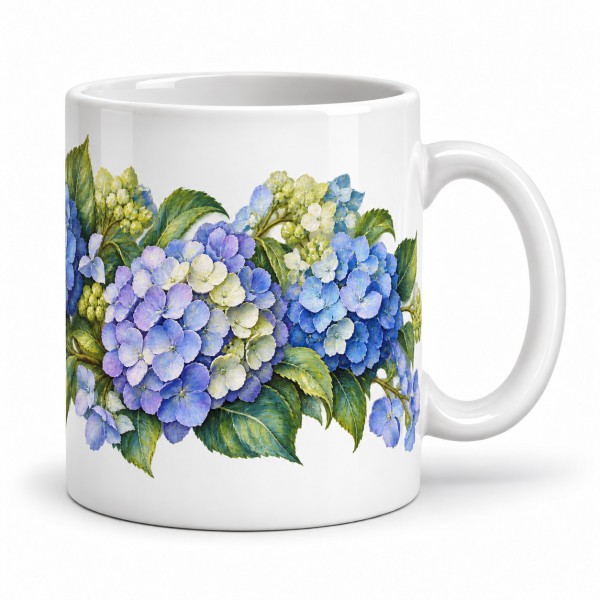 Mug fleurs - Hortensias bleus, façon tableau, anse à droite