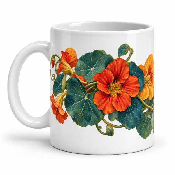 Mug fleurs - Capucines au jardin, façon tableau, anse à gauche