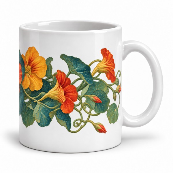 Mug fleurs - Capucines au jardin, façon tableau, anse à droite