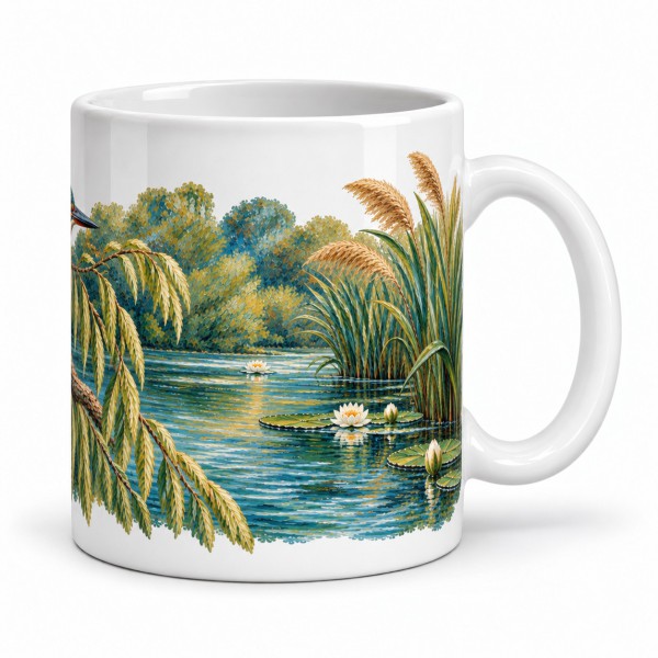 Mug nature - Martin-pêcheur sur la rivière, façon tableau, anse à droite