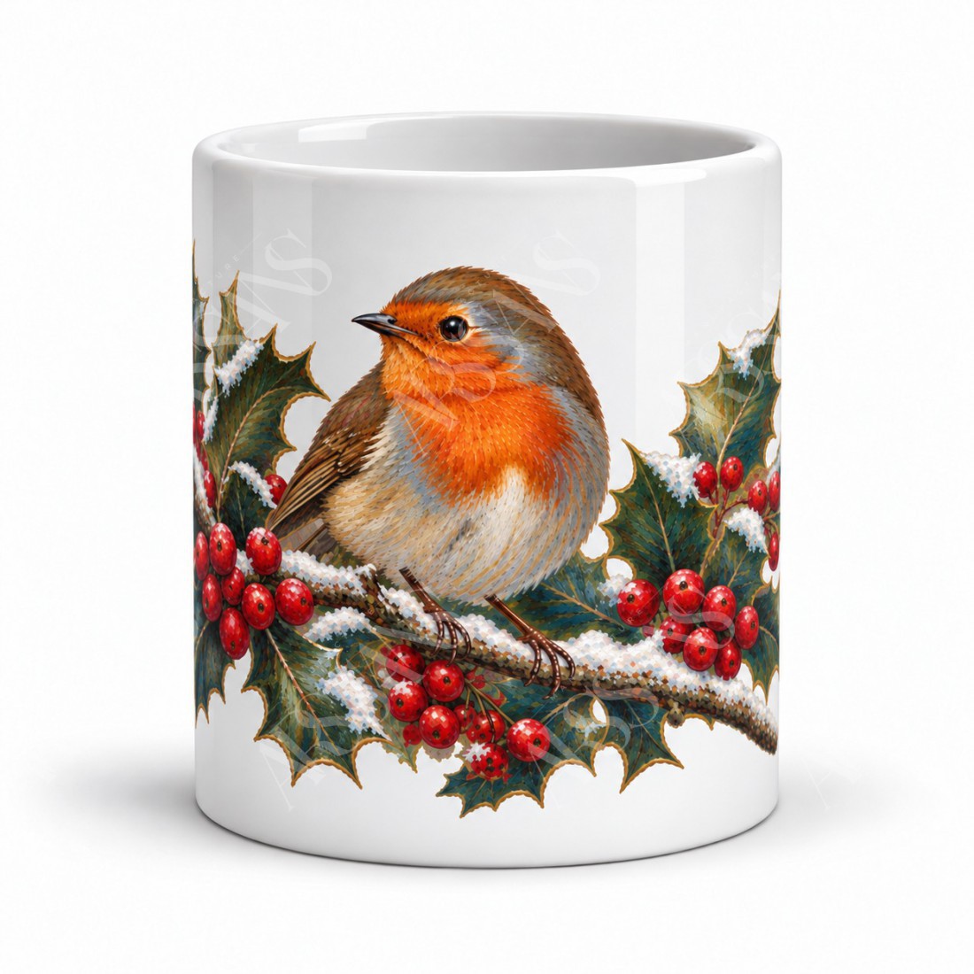 Mug nature - Rouge-gorge et baies d’hiver, vue de face