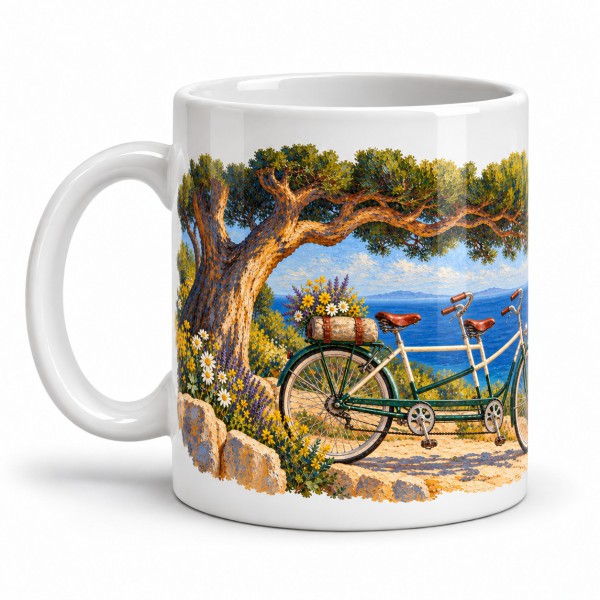 Mug rétro - Le Tandem des vacances, anse à gauche