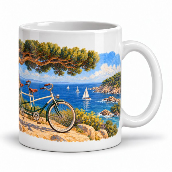 Mug rétro - Le Tandem des vacances, anse à droite