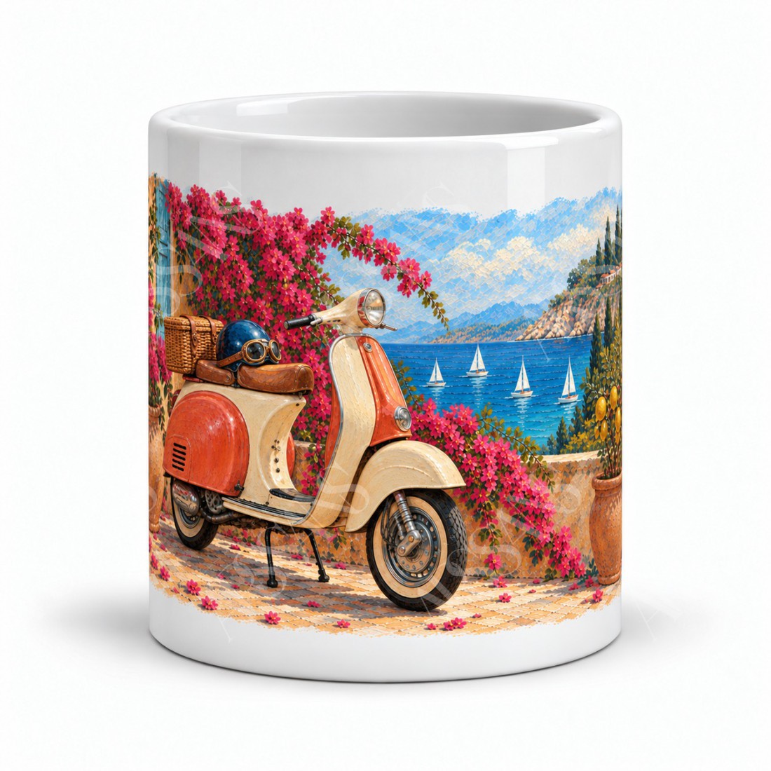 Mug rétro - Le Scooter de la Riviera, façon tableau, vue de face