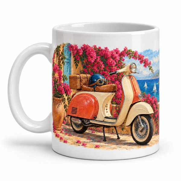 Mug rétro - Le Scooter de la Riviera, façon tableau, anse à gauche