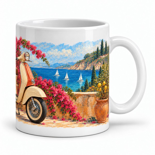 Mug rétro - Le Scooter de la Riviera, façon tableau, anse à droite