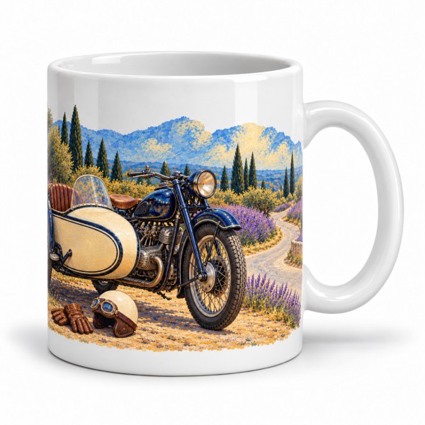 Mug rétro - Le Side-car des routes bleues, anse à droite