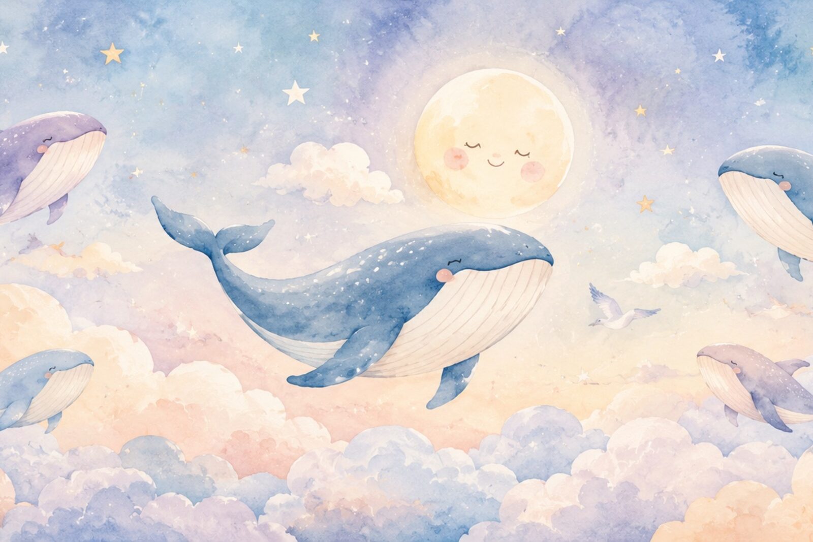 Mise en situation - Baleines et nuages dans un ciel doux (vue 01)