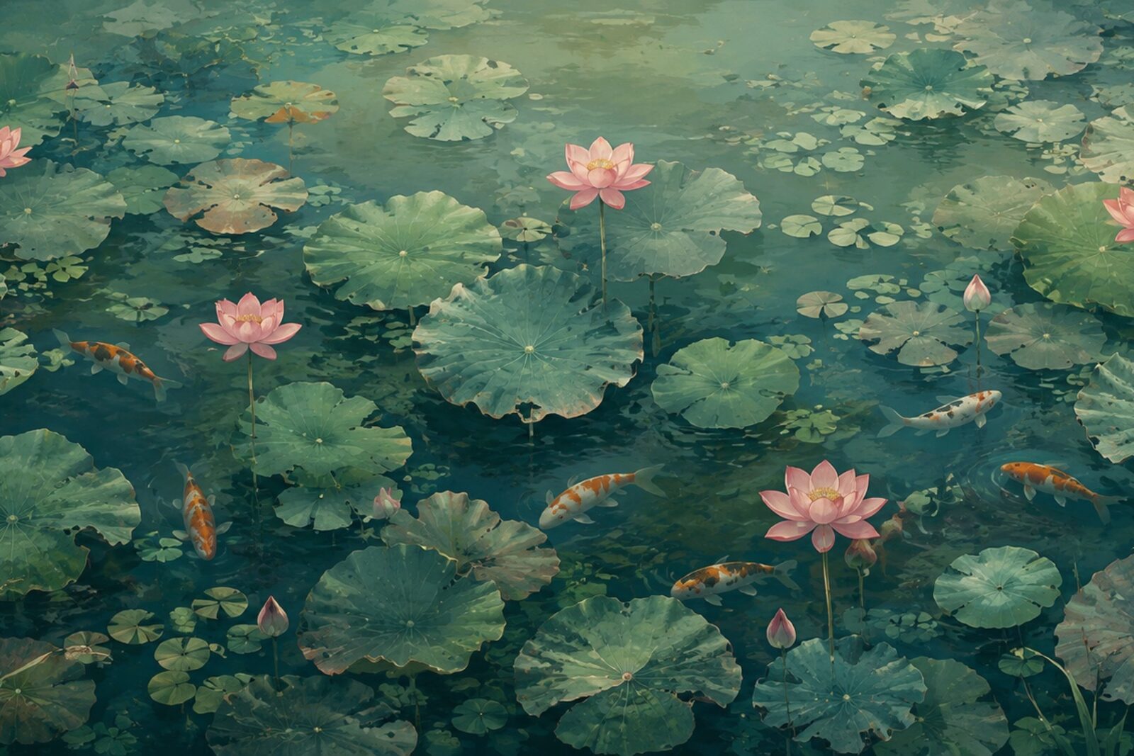 Mise en situation - Bassin de lotus et carpes (vue 01)