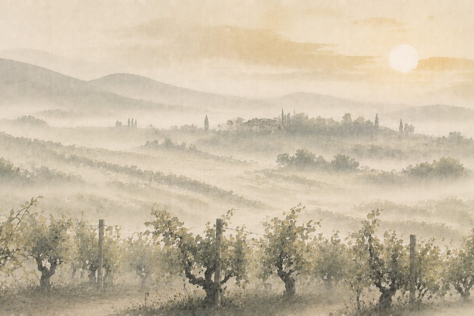 Mise en situation — Brume sur les vignes (vue 01)
