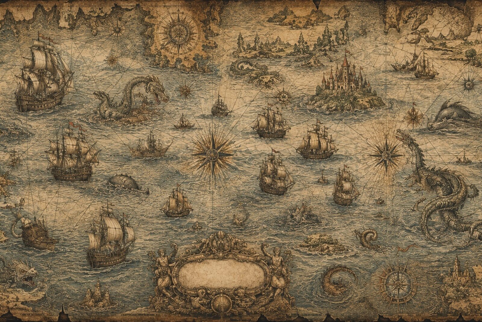 Mise en situation - Carte marine aux monstres et vaisseaux (vue 01)