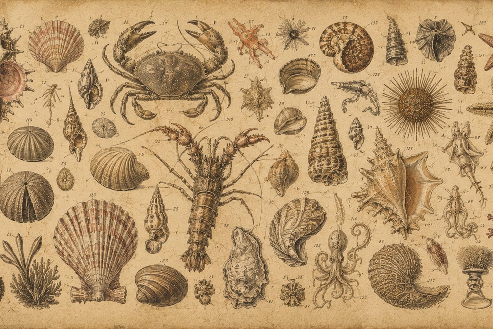 Mise en situation - Étude de coquillages et créatures marines (vue 01)