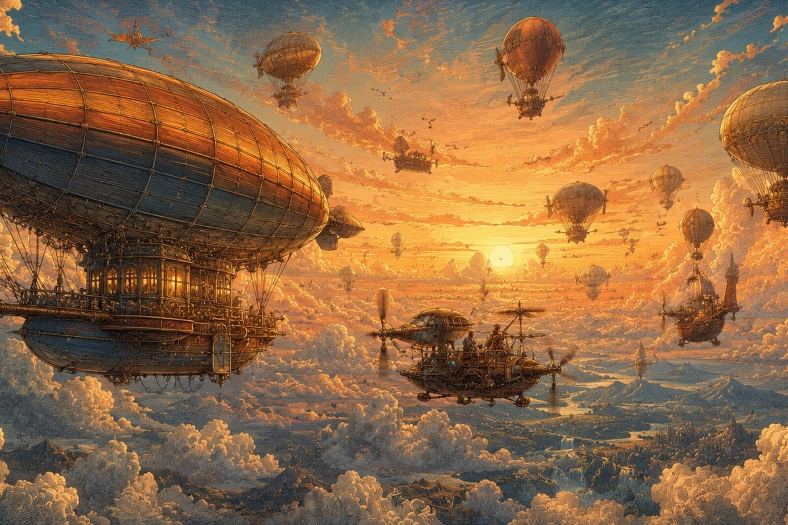 Mise en situation - Flotte d’aérostats au-dessus des nuages (vue 01)