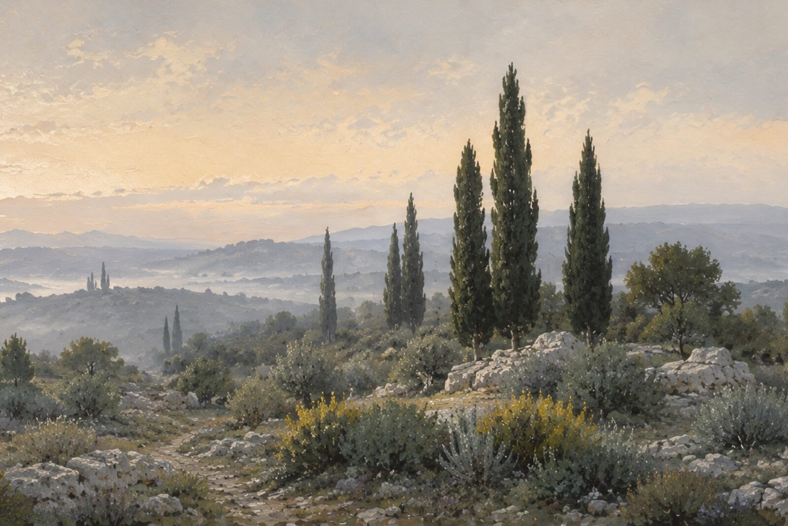 Mise en situation - Garrigue et cyprès (vue 01)