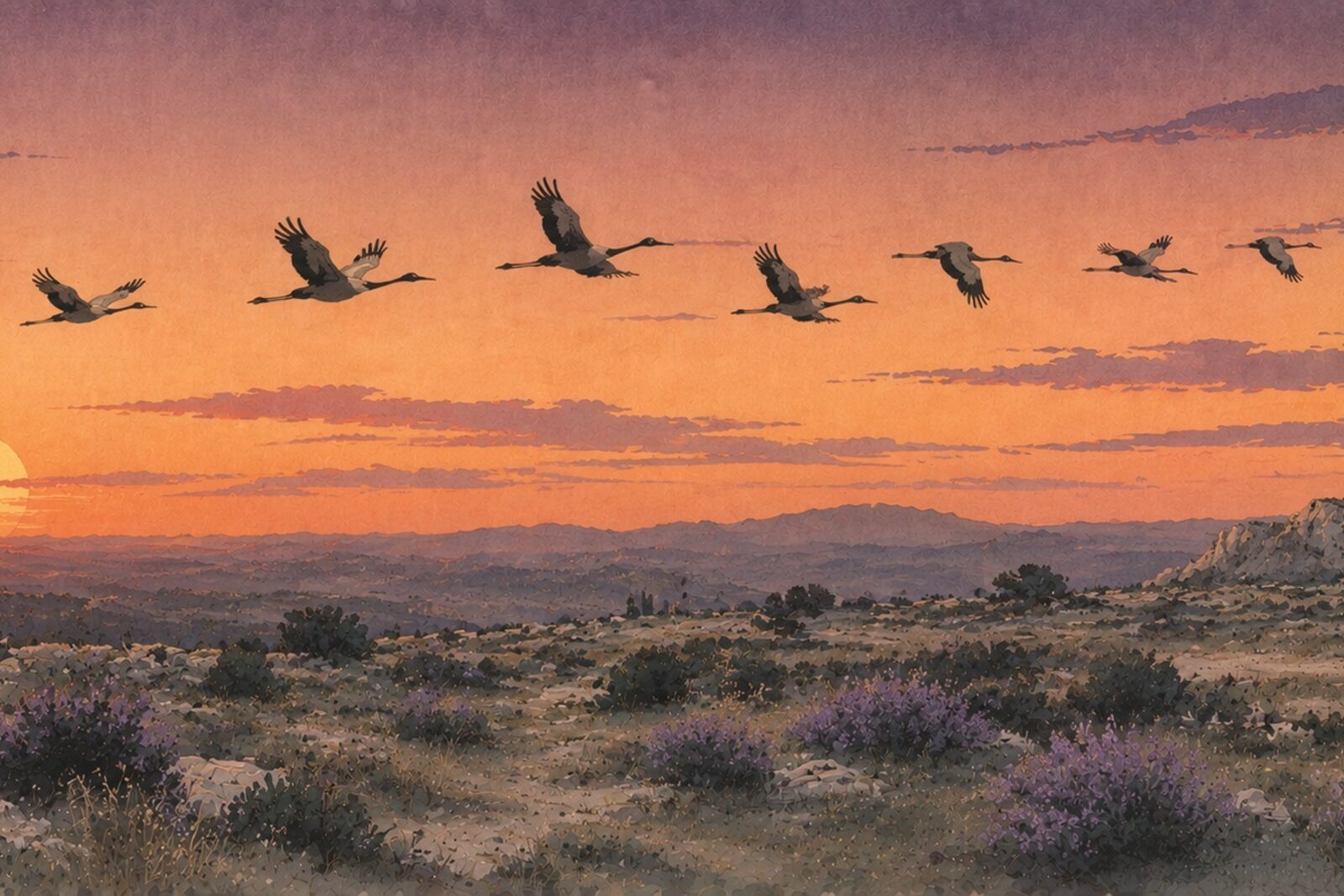 Mise en situation — Garrigue et grues (vue 01)