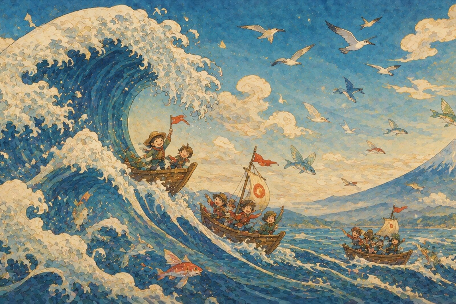Mise en situation — Grande vague et petits bateaux (vue 01)