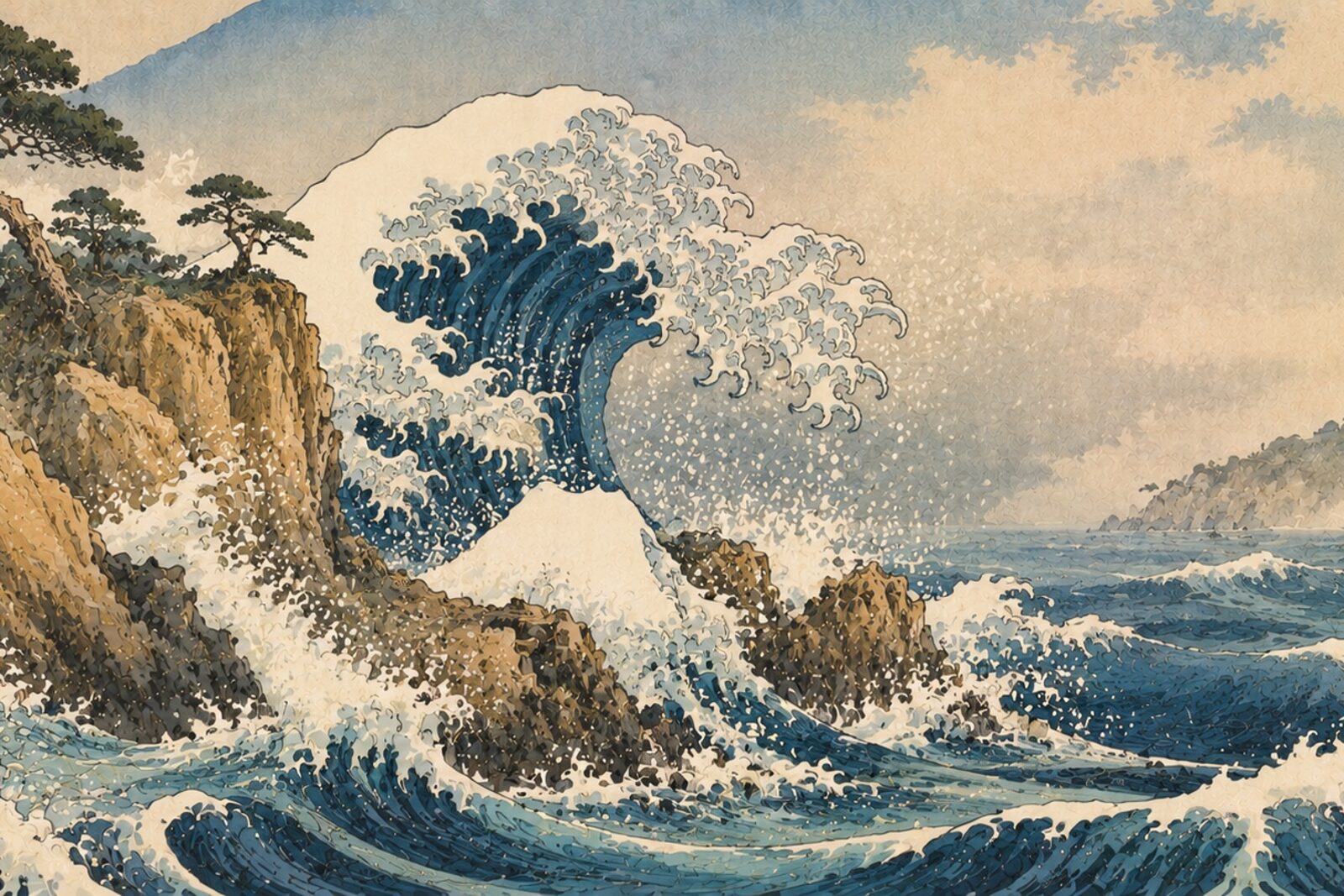 Mise en situation — Grande vague sur la côte (vue 01)