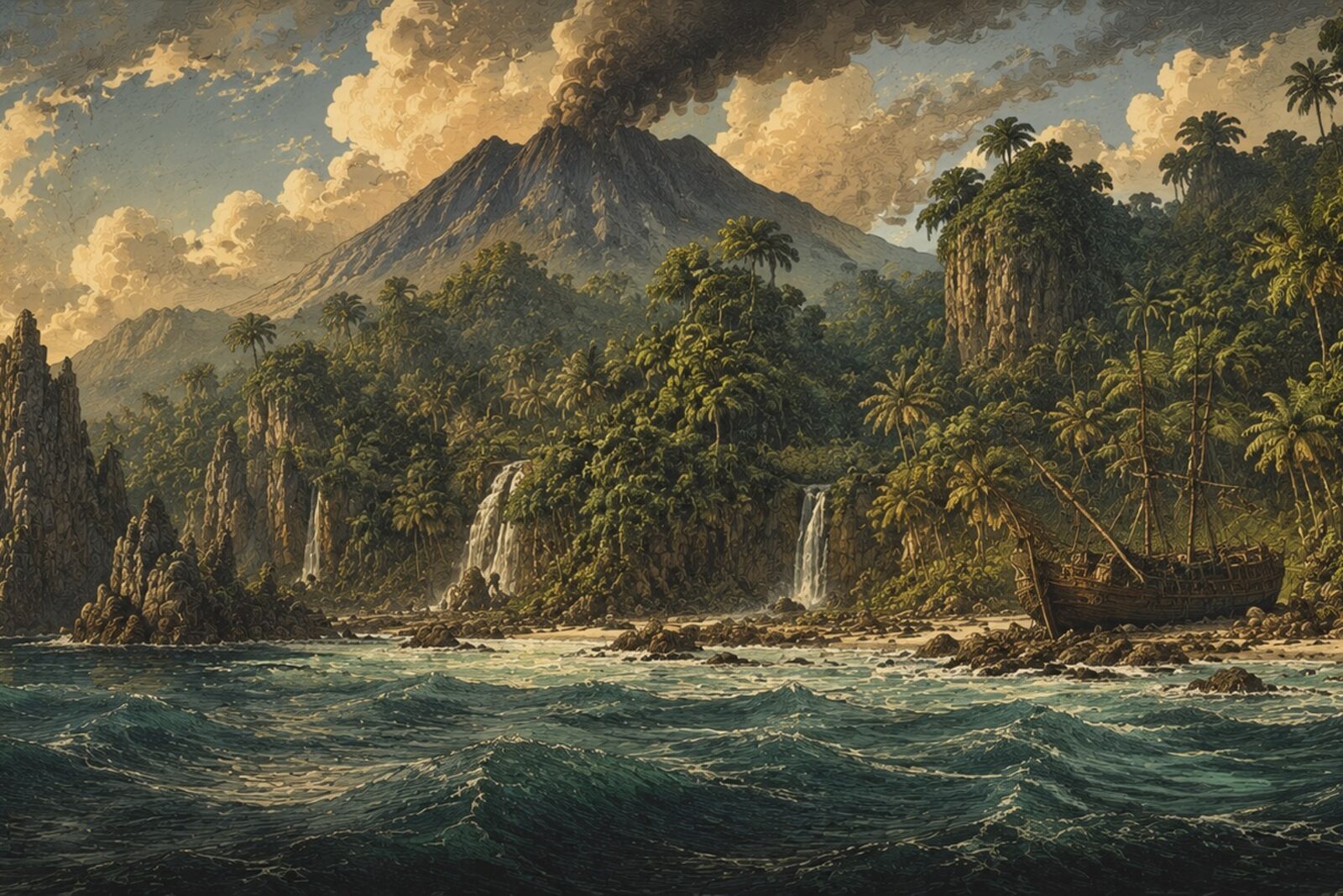 Mise en situation - Île mystérieuse au volcan fumant (vue 01)