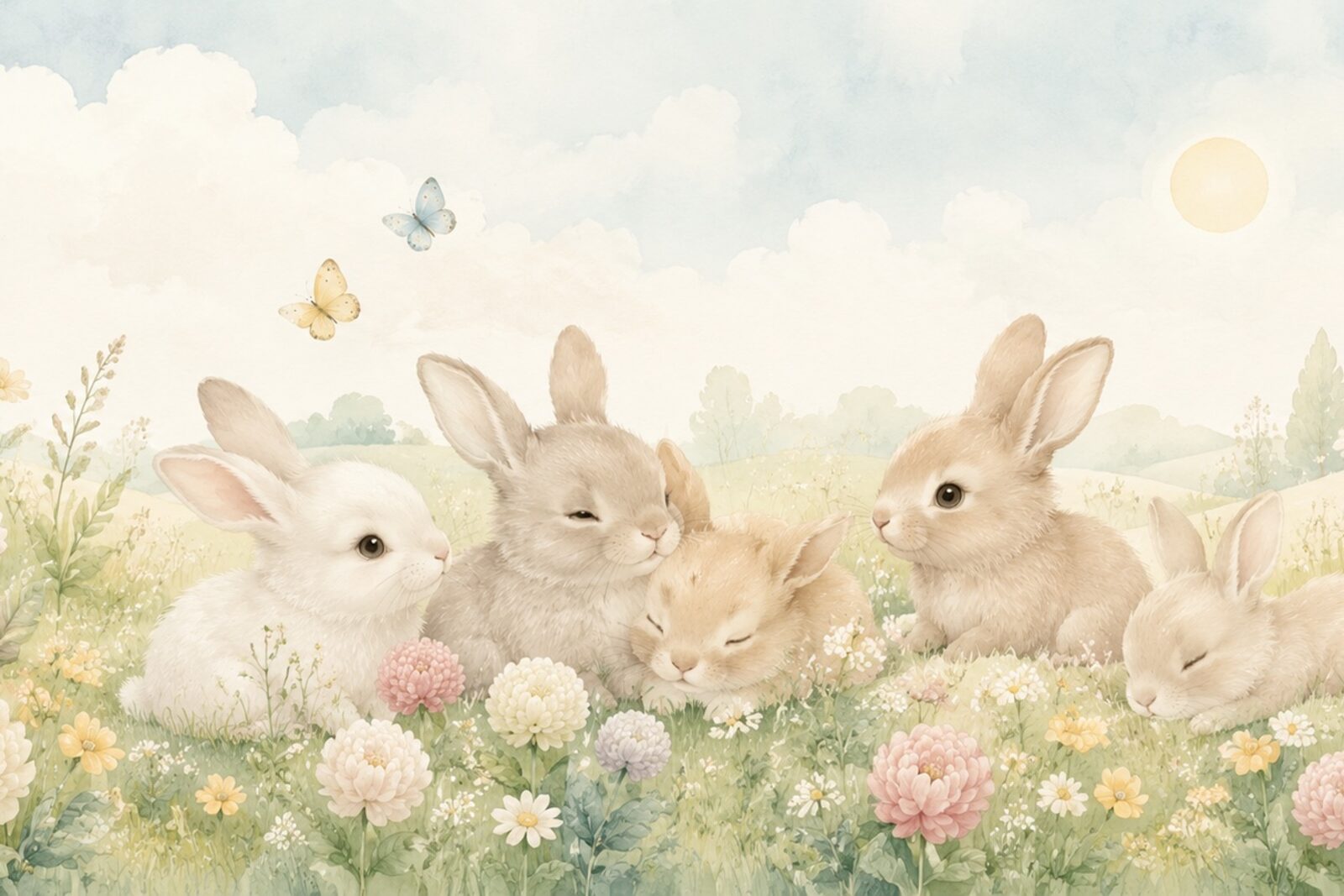 Mise en situation - Petits lapins dans un pré fleuri (vue 01)