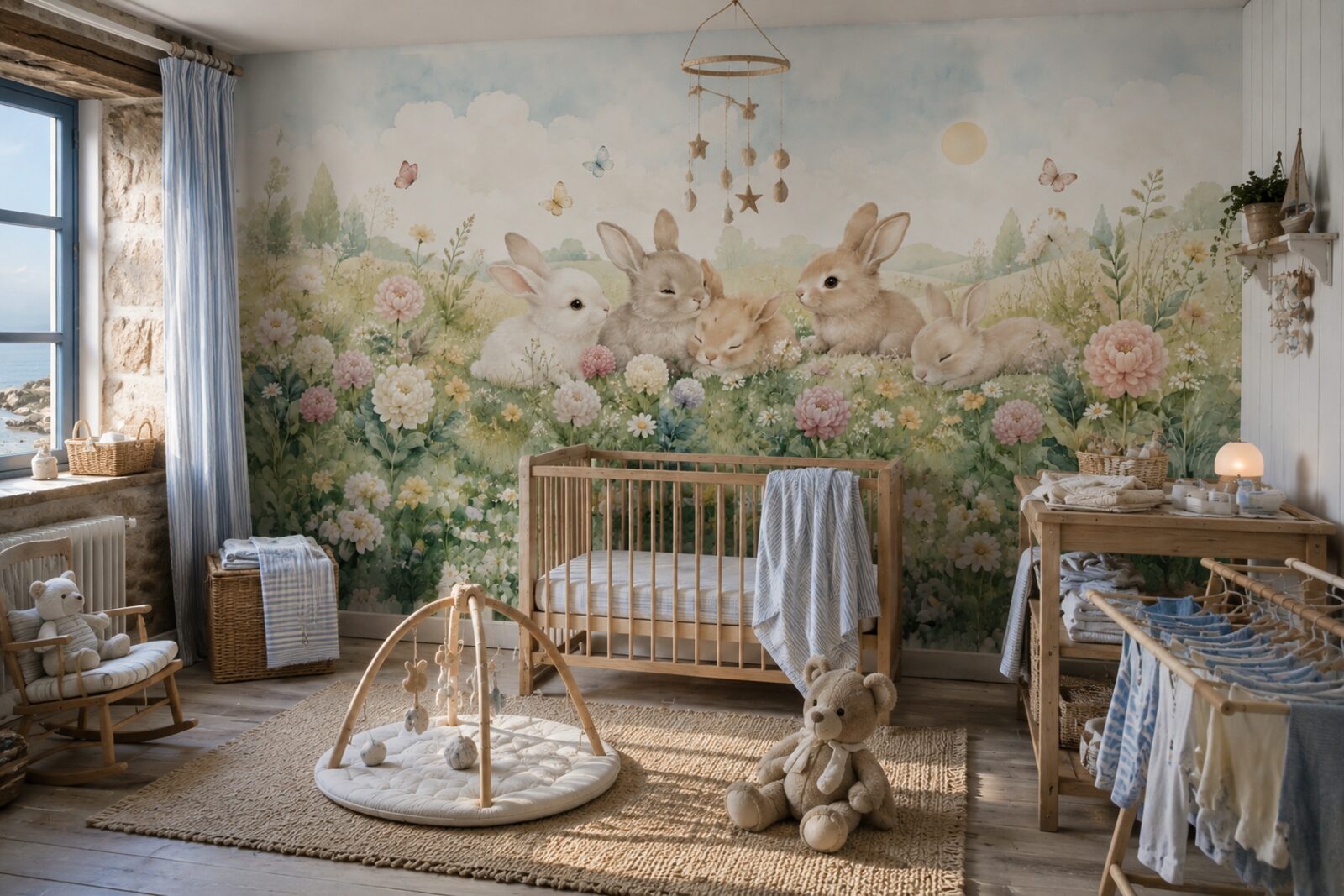 Mise en situation - Petits lapins dans un pré fleuri (vue 06)