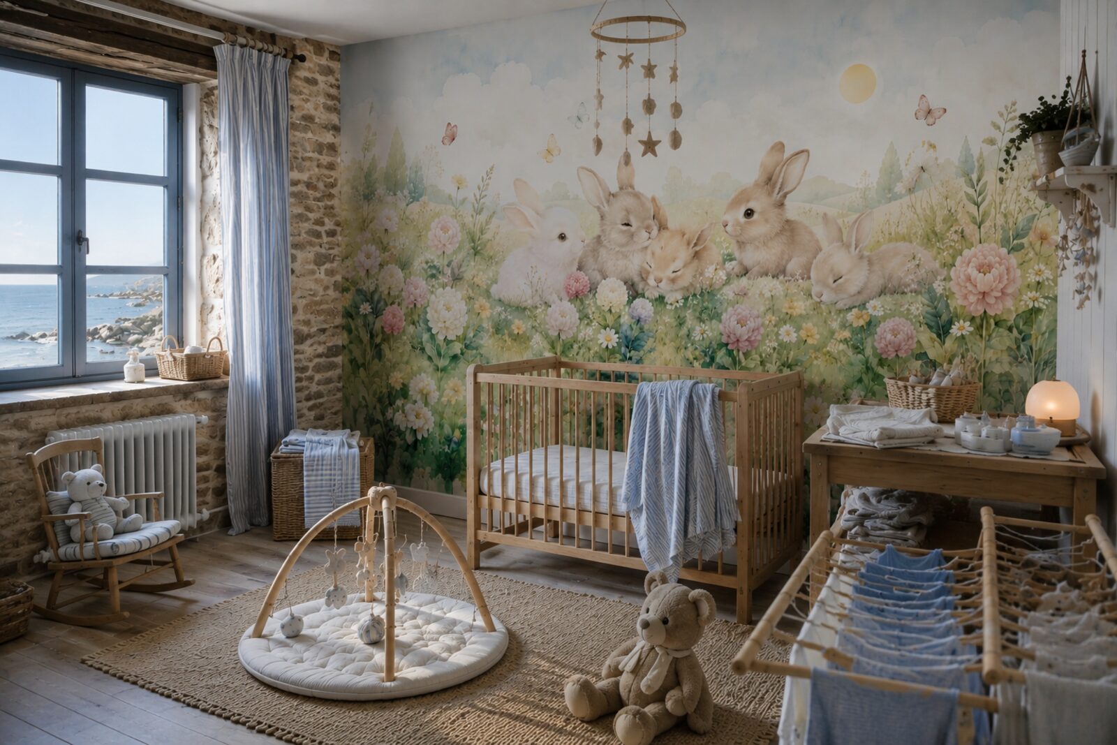 Mise en situation - Petits lapins dans un pré fleuri (vue 07)