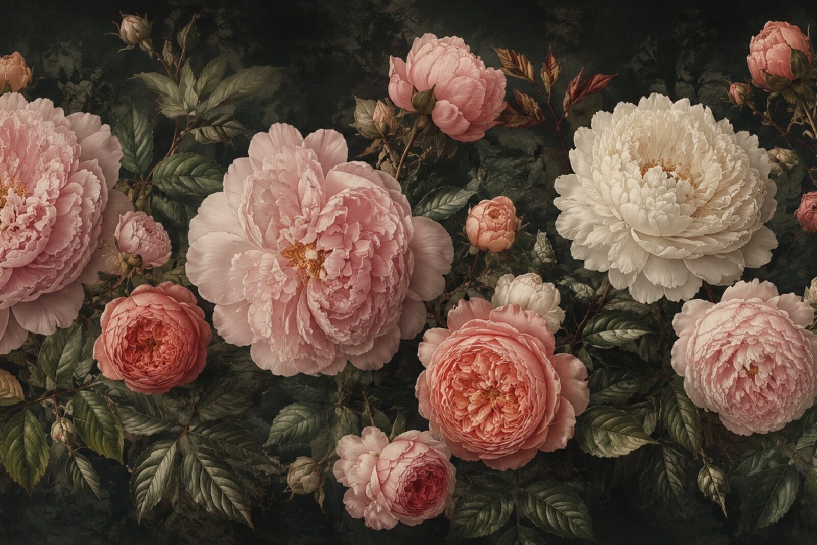 Mise en situation - Pivoines et roses anciennes (vue 01)