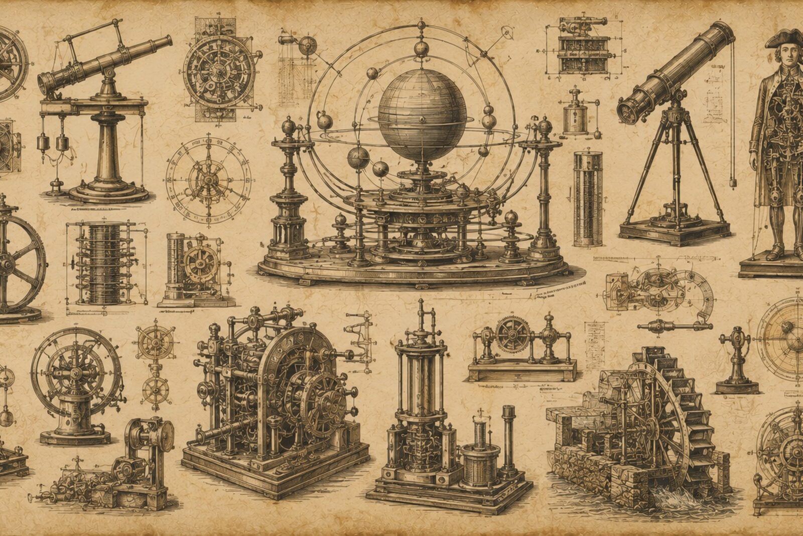 Mise en situation - Planche d’instruments et mécanismes anciens (vue 01)