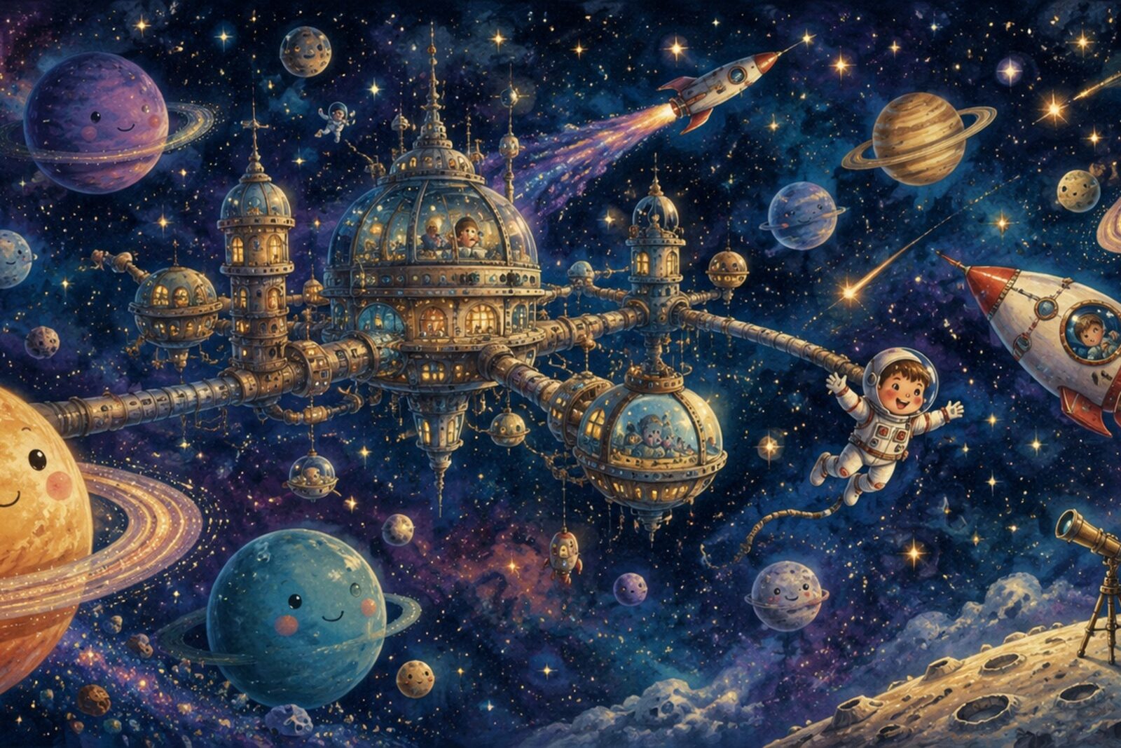 Mise en situation - Planètes et station spatiale rêveuse (vue 01)
