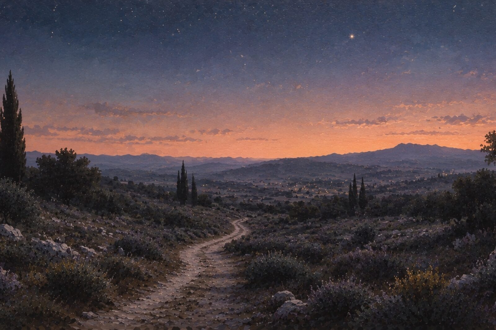 Mise en situation - Sentier de garrigue au crépuscule (vue 01)