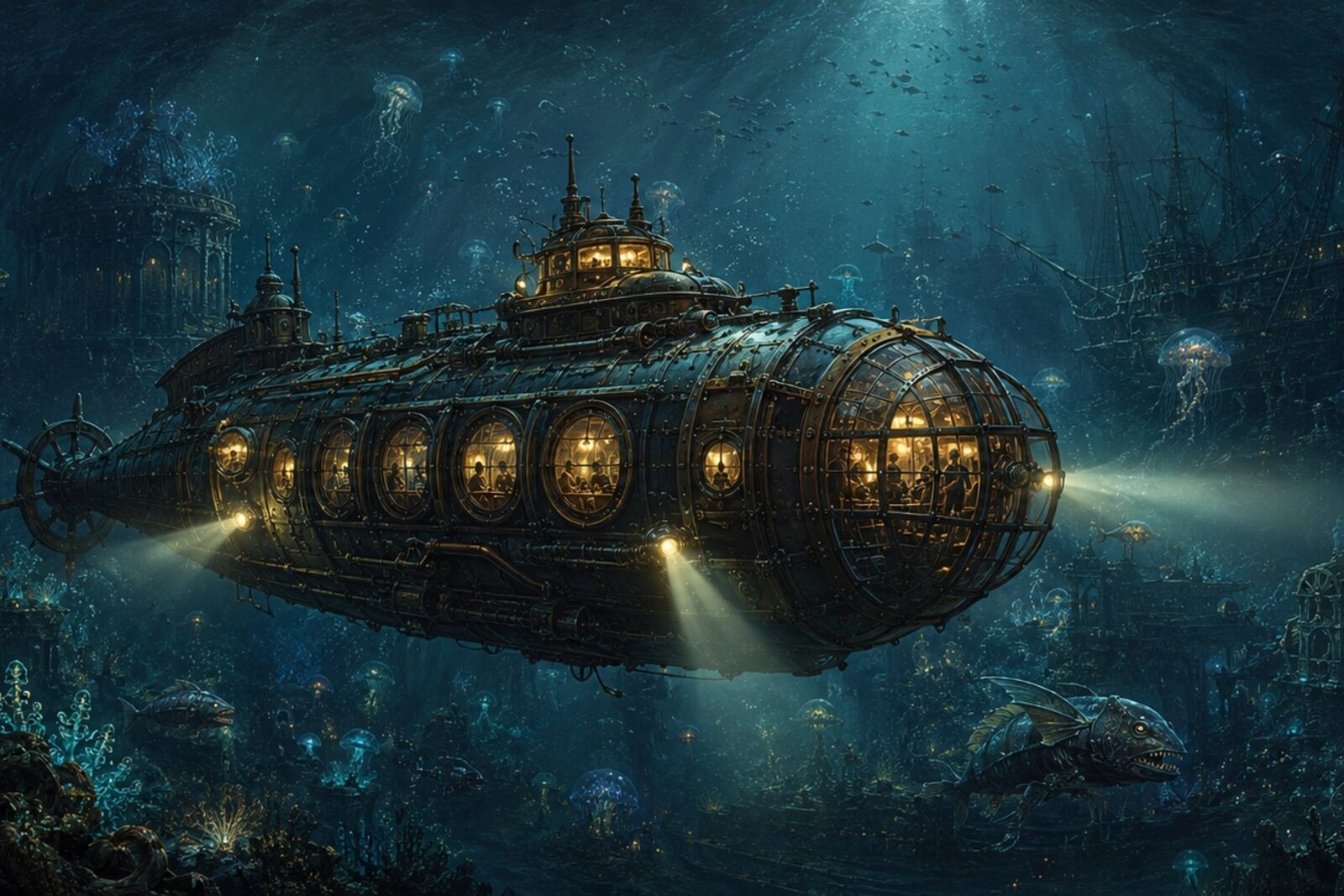 Mise en situation - Sous-marin explorant les abysses (vue 01)