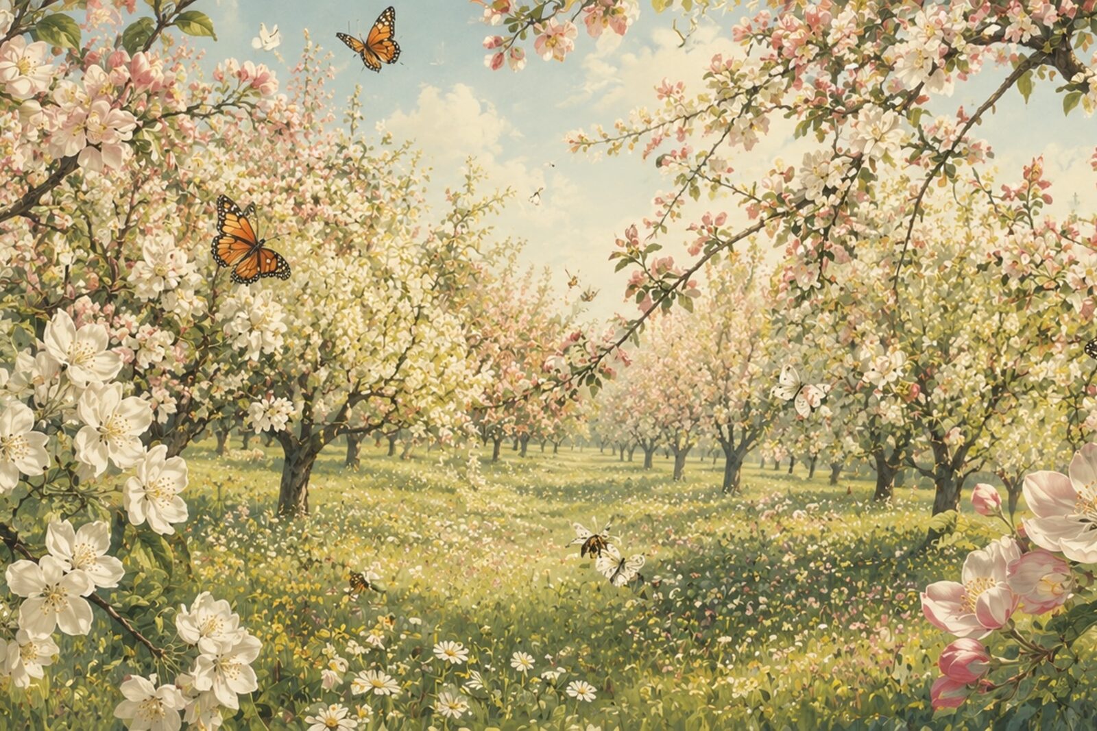 Mise en situation - Verger en fleurs et papillons (vue 01)