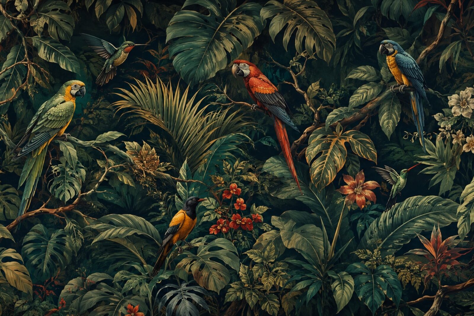 Mise en situation - Volière et oiseaux dans le feuillage (vue 01)