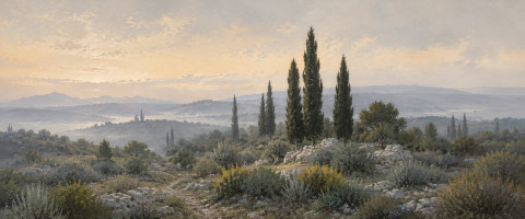 Papier peint fresque Provence - Garrigue et cyprès