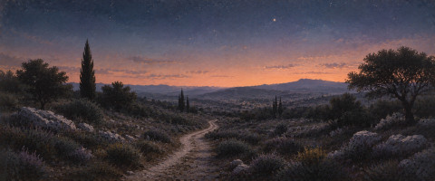 Papier peint fresque Provence - Sentier de garrigue au crépuscule