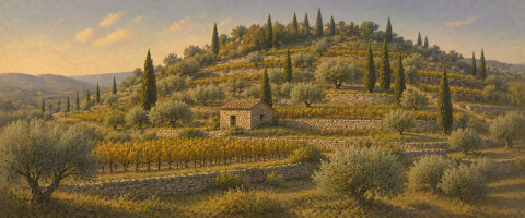 Papier peint fresque Provence - Colline de cyprès et restanques