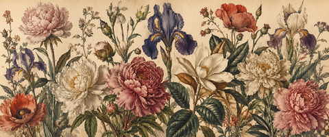 Papier peint fresque nature - Fleurs façon gravure botanique ancienne
