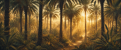 Papier peint fresque nature - Palmeraie et lumière dorée