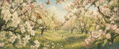 Papier peint fresque nature - Verger en fleurs et papillons