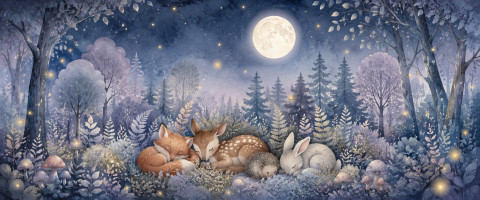 Papier peint fresque enfant - Forêt endormie au clair de lune