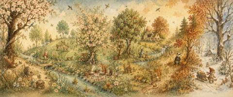 Papier peint fresque enfant - Ronde des saisons enchantée